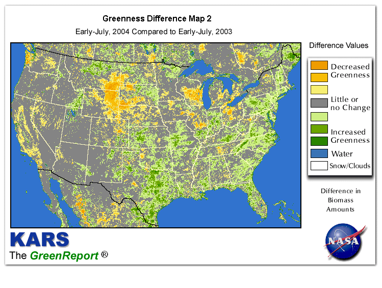 Color-coded U.S. vegetation greeness index map for Period 28 of 2004, illustrating spatial variations in plant vigor, with greener tones indicating higher biomass and browner tones indicating stressed vegetation,
              comparing current crop/vegetation change in biomass to same period from the previous year.