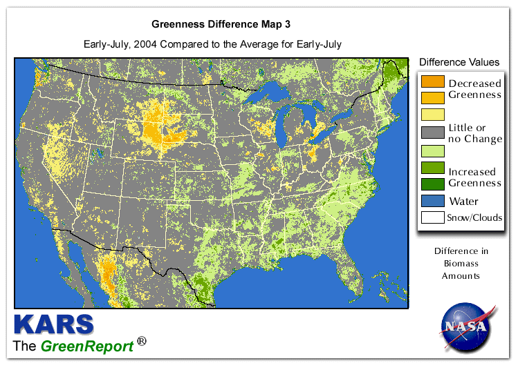 Color-coded U.S. vegetation greeness index map for Period 28 of 2004, illustrating spatial variations in plant vigor, with greener tones indicating higher biomass and browner tones indicating stressed vegetation,
              comparing current crop/vegetation change in biomass to the 20-year greenness average.