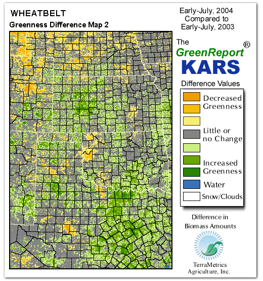 Color-coded Wheat Belt vegetation greeness index map for Period 28 of 2004, illustrating spatial variations in plant vigor, with greener tones indicating higher biomass and browner tones indicating stressed vegetation,
              comparing current crop/vegetation change in biomass to same period from the previous year.