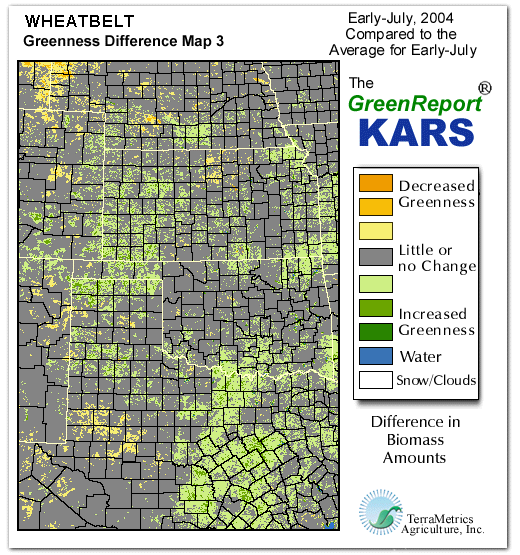 Color-coded Wheat Belt vegetation greeness index map for Period 28 of 2004, illustrating spatial variations in plant vigor, with greener tones indicating higher biomass and browner tones indicating stressed vegetation,
              comparing current crop/vegetation change in biomass to the 20-year greenness average.