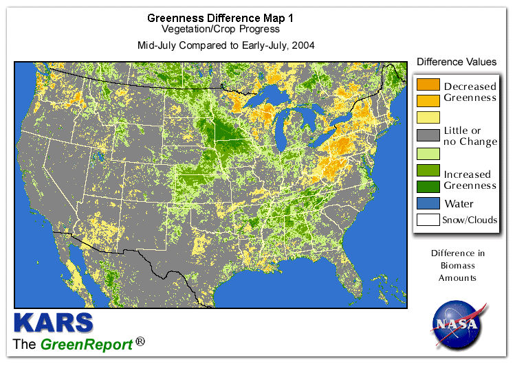 Color-coded U.S. vegetation greeness index map for Period 29 of 2004, illustrating spatial variations in plant vigor, with greener tones indicating higher biomass and browner tones indicating stressed vegetation,
              comparing current crop/vegetation change in biomass to the previous week within the same year.