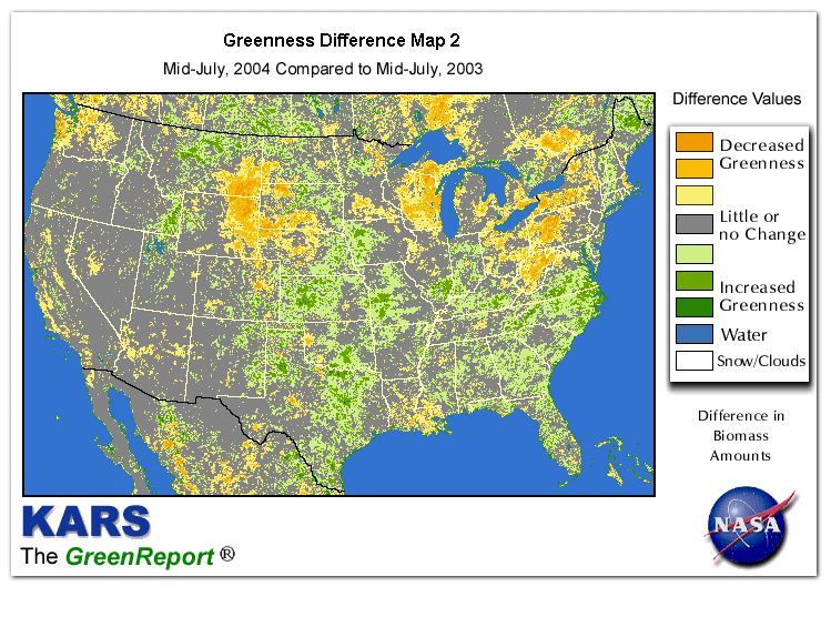 Color-coded U.S. vegetation greeness index map for Period 29 of 2004, illustrating spatial variations in plant vigor, with greener tones indicating higher biomass and browner tones indicating stressed vegetation,
              comparing current crop/vegetation change in biomass to same period from the previous year.