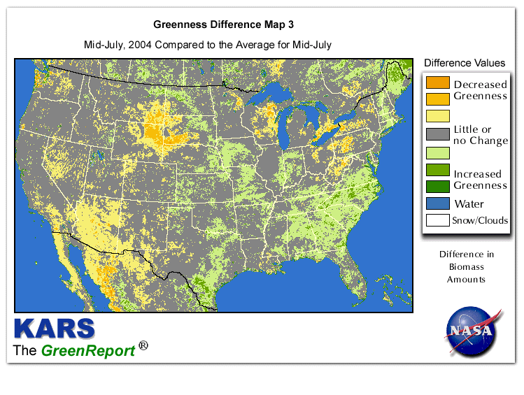 Color-coded U.S. vegetation greeness index map for Period 29 of 2004, illustrating spatial variations in plant vigor, with greener tones indicating higher biomass and browner tones indicating stressed vegetation,
              comparing current crop/vegetation change in biomass to the 20-year greenness average.