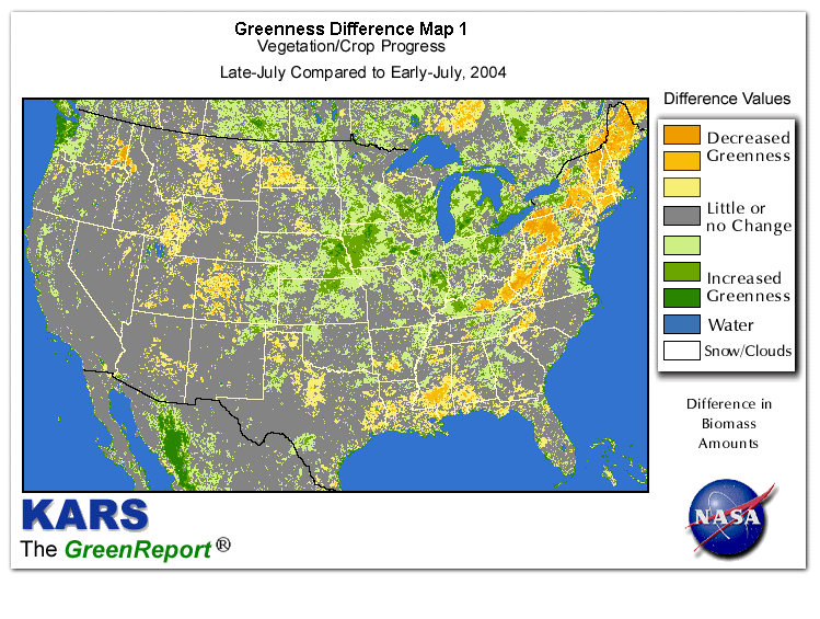 Color-coded U.S. vegetation greeness index map for Period 30 of 2004, illustrating spatial variations in plant vigor, with greener tones indicating higher biomass and browner tones indicating stressed vegetation,
              comparing current crop/vegetation change in biomass to the previous week within the same year.