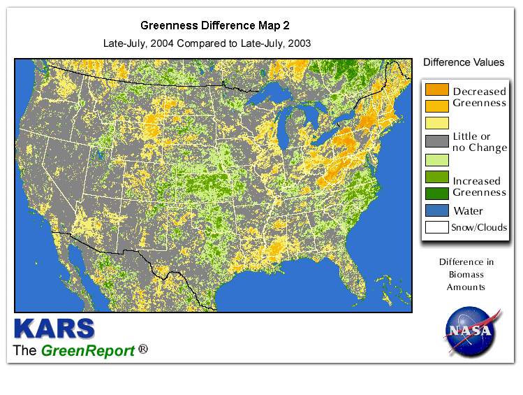 Color-coded U.S. vegetation greeness index map for Period 30 of 2004, illustrating spatial variations in plant vigor, with greener tones indicating higher biomass and browner tones indicating stressed vegetation,
              comparing current crop/vegetation change in biomass to same period from the previous year.