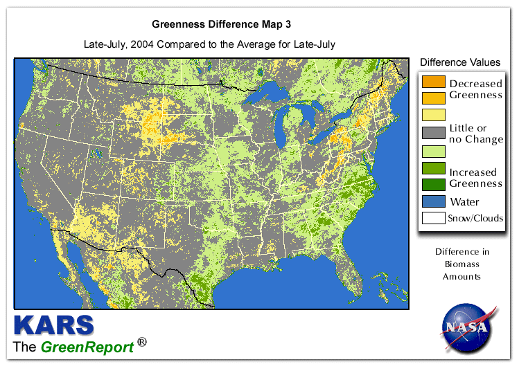 Color-coded U.S. vegetation greeness index map for Period 30 of 2004, illustrating spatial variations in plant vigor, with greener tones indicating higher biomass and browner tones indicating stressed vegetation,
              comparing current crop/vegetation change in biomass to the 20-year greenness average.