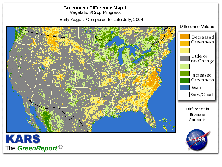 Color-coded U.S. vegetation greeness index map for Period 31 of 2004, illustrating spatial variations in plant vigor, with greener tones indicating higher biomass and browner tones indicating stressed vegetation,
              comparing current crop/vegetation change in biomass to the previous week within the same year.