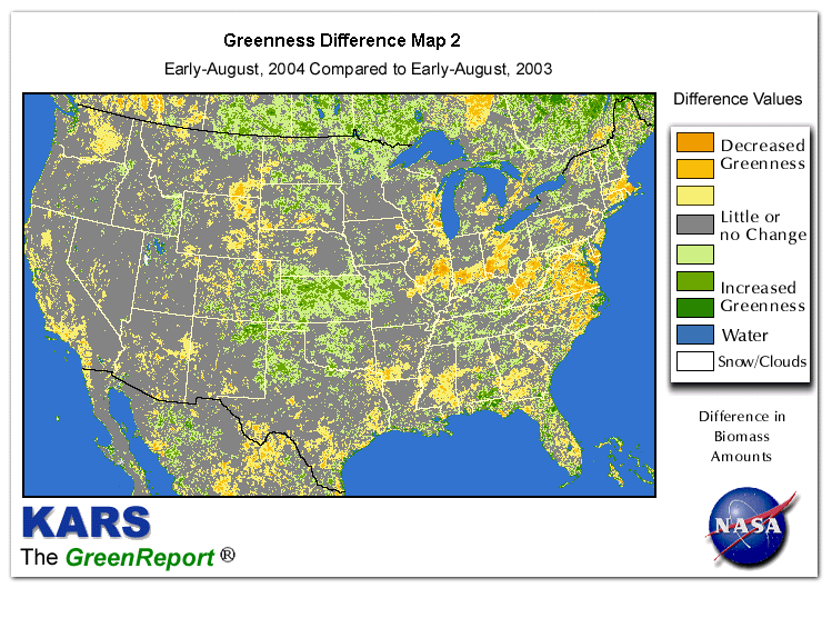 Color-coded U.S. vegetation greeness index map for Period 31 of 2004, illustrating spatial variations in plant vigor, with greener tones indicating higher biomass and browner tones indicating stressed vegetation,
              comparing current crop/vegetation change in biomass to same period from the previous year.