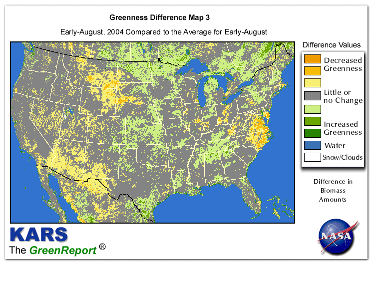 Color-coded U.S. vegetation greeness index map for Period 31 of 2004, illustrating spatial variations in plant vigor, with greener tones indicating higher biomass and browner tones indicating stressed vegetation,
              comparing current crop/vegetation change in biomass to the 20-year greenness average.