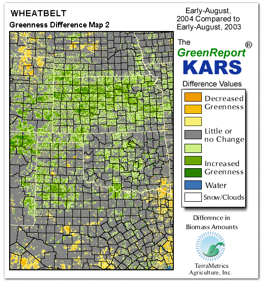 Color-coded Wheat Belt vegetation greeness index map for Period 31 of 2004, illustrating spatial variations in plant vigor, with greener tones indicating higher biomass and browner tones indicating stressed vegetation,
              comparing current crop/vegetation change in biomass to same period from the previous year.