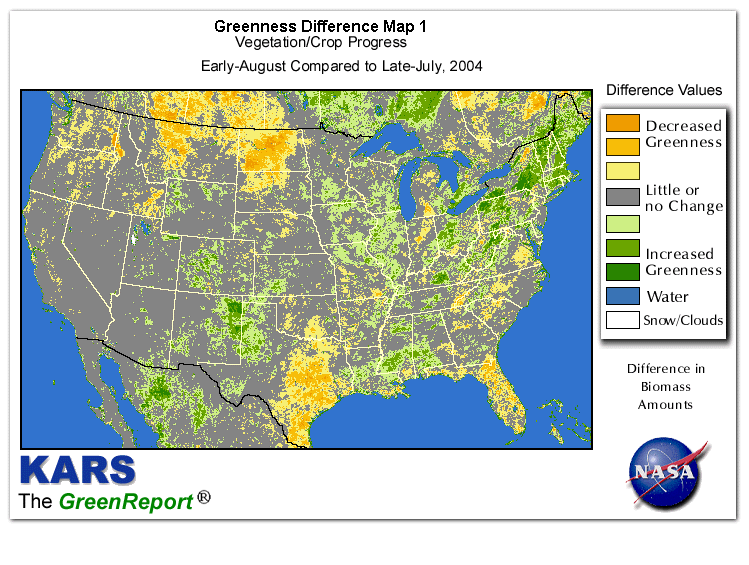 Color-coded U.S. vegetation greeness index map for Period 32 of 2004, illustrating spatial variations in plant vigor, with greener tones indicating higher biomass and browner tones indicating stressed vegetation,
              comparing current crop/vegetation change in biomass to the previous week within the same year.