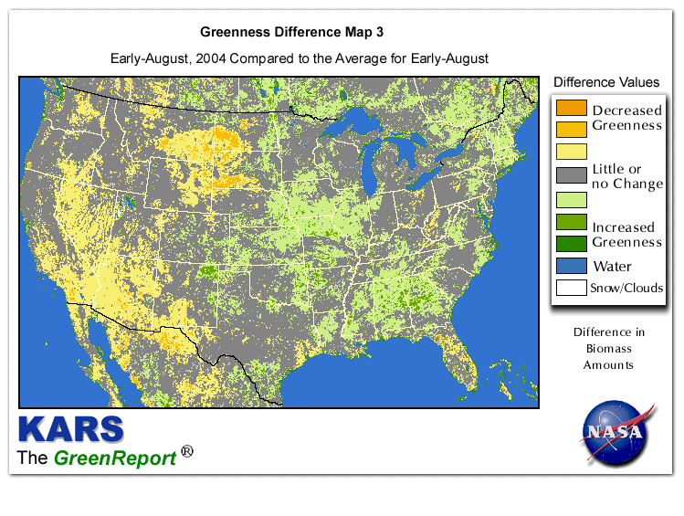 Color-coded U.S. vegetation greeness index map for Period 32 of 2004, illustrating spatial variations in plant vigor, with greener tones indicating higher biomass and browner tones indicating stressed vegetation,
              comparing current crop/vegetation change in biomass to the 20-year greenness average.