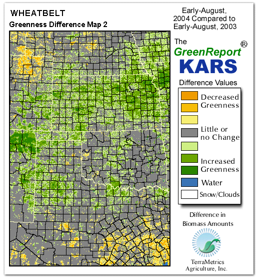 Color-coded Wheat Belt vegetation greeness index map for Period 32 of 2004, illustrating spatial variations in plant vigor, with greener tones indicating higher biomass and browner tones indicating stressed vegetation,
              comparing current crop/vegetation change in biomass to same period from the previous year.