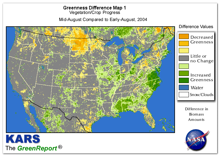 Color-coded U.S. vegetation greeness index map for Period 33 of 2004, illustrating spatial variations in plant vigor, with greener tones indicating higher biomass and browner tones indicating stressed vegetation,
              comparing current crop/vegetation change in biomass to the previous week within the same year.