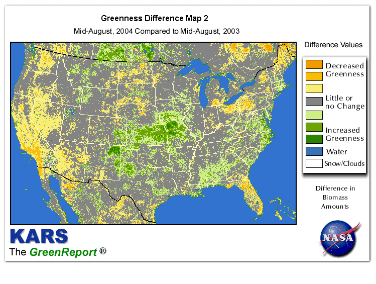 Color-coded U.S. vegetation greeness index map for Period 33 of 2004, illustrating spatial variations in plant vigor, with greener tones indicating higher biomass and browner tones indicating stressed vegetation,
              comparing current crop/vegetation change in biomass to same period from the previous year.