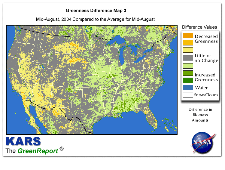 Color-coded U.S. vegetation greeness index map for Period 33 of 2004, illustrating spatial variations in plant vigor, with greener tones indicating higher biomass and browner tones indicating stressed vegetation,
              comparing current crop/vegetation change in biomass to the 20-year greenness average.