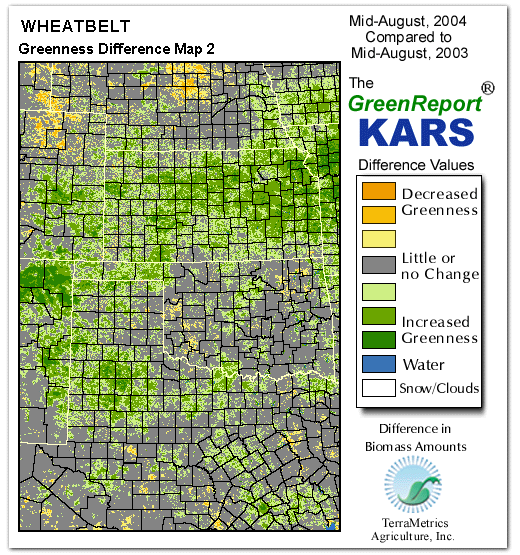 Color-coded Wheat Belt vegetation greeness index map for Period 33 of 2004, illustrating spatial variations in plant vigor, with greener tones indicating higher biomass and browner tones indicating stressed vegetation,
              comparing current crop/vegetation change in biomass to same period from the previous year.