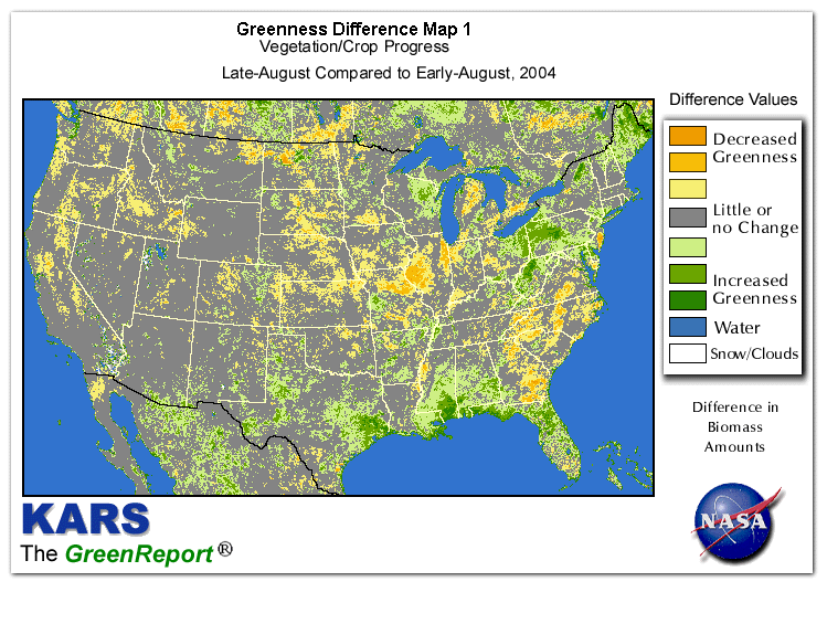 Color-coded U.S. vegetation greeness index map for Period 34 of 2004, illustrating spatial variations in plant vigor, with greener tones indicating higher biomass and browner tones indicating stressed vegetation,
              comparing current crop/vegetation change in biomass to the previous week within the same year.