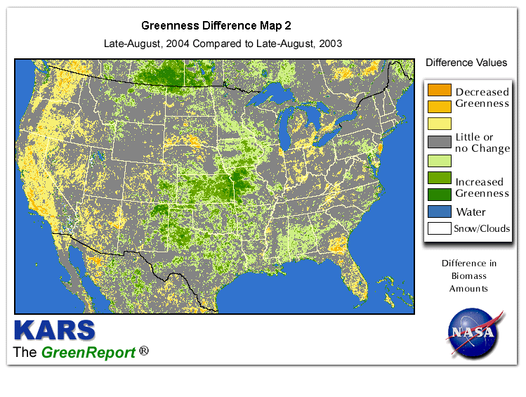 Color-coded U.S. vegetation greeness index map for Period 34 of 2004, illustrating spatial variations in plant vigor, with greener tones indicating higher biomass and browner tones indicating stressed vegetation,
              comparing current crop/vegetation change in biomass to same period from the previous year.