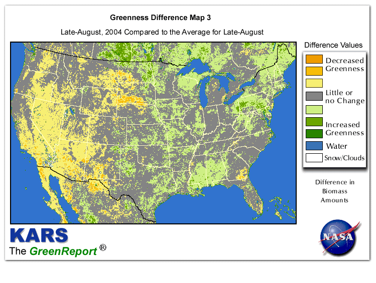 Color-coded U.S. vegetation greeness index map for Period 34 of 2004, illustrating spatial variations in plant vigor, with greener tones indicating higher biomass and browner tones indicating stressed vegetation,
              comparing current crop/vegetation change in biomass to the 20-year greenness average.