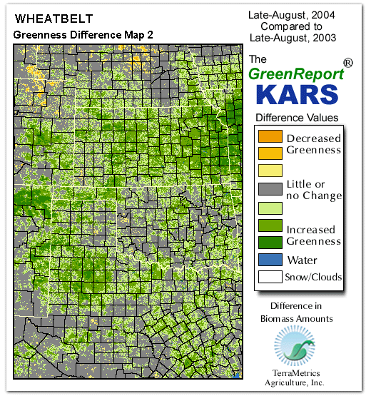 Color-coded Wheat Belt vegetation greeness index map for Period 34 of 2004, illustrating spatial variations in plant vigor, with greener tones indicating higher biomass and browner tones indicating stressed vegetation,
              comparing current crop/vegetation change in biomass to same period from the previous year.