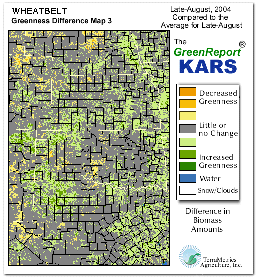 Color-coded Wheat Belt vegetation greeness index map for Period 34 of 2004, illustrating spatial variations in plant vigor, with greener tones indicating higher biomass and browner tones indicating stressed vegetation,
              comparing current crop/vegetation change in biomass to the 20-year greenness average.
