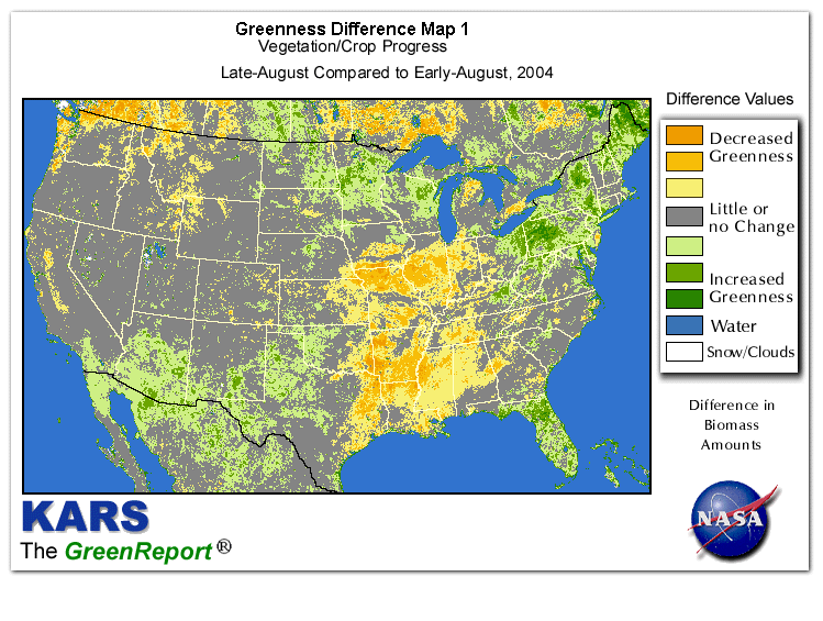 Color-coded U.S. vegetation greeness index map for Period 35 of 2004, illustrating spatial variations in plant vigor, with greener tones indicating higher biomass and browner tones indicating stressed vegetation,
              comparing current crop/vegetation change in biomass to the previous week within the same year.