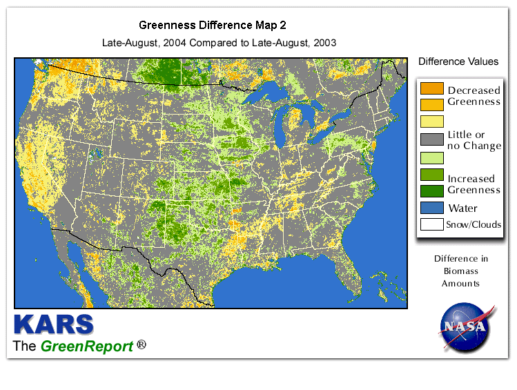 Color-coded U.S. vegetation greeness index map for Period 35 of 2004, illustrating spatial variations in plant vigor, with greener tones indicating higher biomass and browner tones indicating stressed vegetation,
              comparing current crop/vegetation change in biomass to same period from the previous year.
