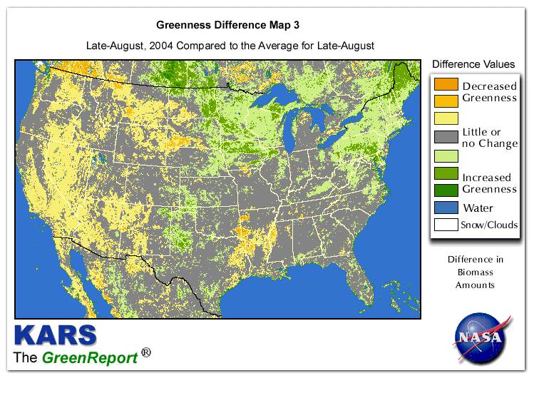 Color-coded U.S. vegetation greeness index map for Period 35 of 2004, illustrating spatial variations in plant vigor, with greener tones indicating higher biomass and browner tones indicating stressed vegetation,
              comparing current crop/vegetation change in biomass to the 20-year greenness average.