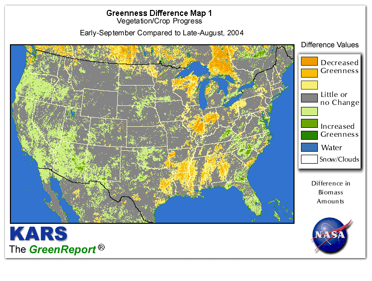 Color-coded U.S. vegetation greeness index map for Period 36 of 2004, illustrating spatial variations in plant vigor, with greener tones indicating higher biomass and browner tones indicating stressed vegetation,
              comparing current crop/vegetation change in biomass to the previous week within the same year.