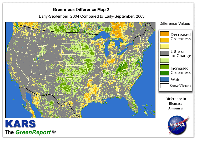 Color-coded U.S. vegetation greeness index map for Period 36 of 2004, illustrating spatial variations in plant vigor, with greener tones indicating higher biomass and browner tones indicating stressed vegetation,
              comparing current crop/vegetation change in biomass to same period from the previous year.