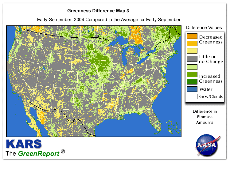Color-coded U.S. vegetation greeness index map for Period 36 of 2004, illustrating spatial variations in plant vigor, with greener tones indicating higher biomass and browner tones indicating stressed vegetation,
              comparing current crop/vegetation change in biomass to the 20-year greenness average.
