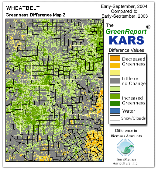 Color-coded Wheat Belt vegetation greeness index map for Period 36 of 2004, illustrating spatial variations in plant vigor, with greener tones indicating higher biomass and browner tones indicating stressed vegetation,
              comparing current crop/vegetation change in biomass to same period from the previous year.