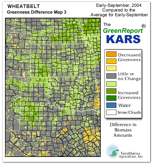 Color-coded Wheat Belt vegetation greeness index map for Period 36 of 2004, illustrating spatial variations in plant vigor, with greener tones indicating higher biomass and browner tones indicating stressed vegetation,
              comparing current crop/vegetation change in biomass to the 20-year greenness average.
