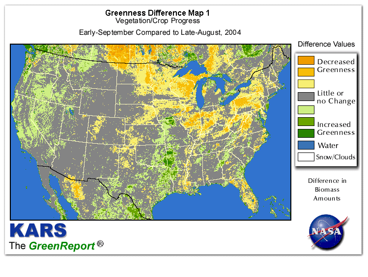 Color-coded U.S. vegetation greeness index map for Period 37 of 2004, illustrating spatial variations in plant vigor, with greener tones indicating higher biomass and browner tones indicating stressed vegetation,
              comparing current crop/vegetation change in biomass to the previous week within the same year.