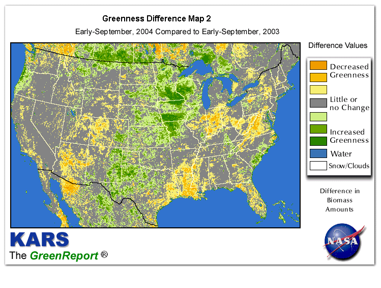 Color-coded U.S. vegetation greeness index map for Period 37 of 2004, illustrating spatial variations in plant vigor, with greener tones indicating higher biomass and browner tones indicating stressed vegetation,
              comparing current crop/vegetation change in biomass to same period from the previous year.