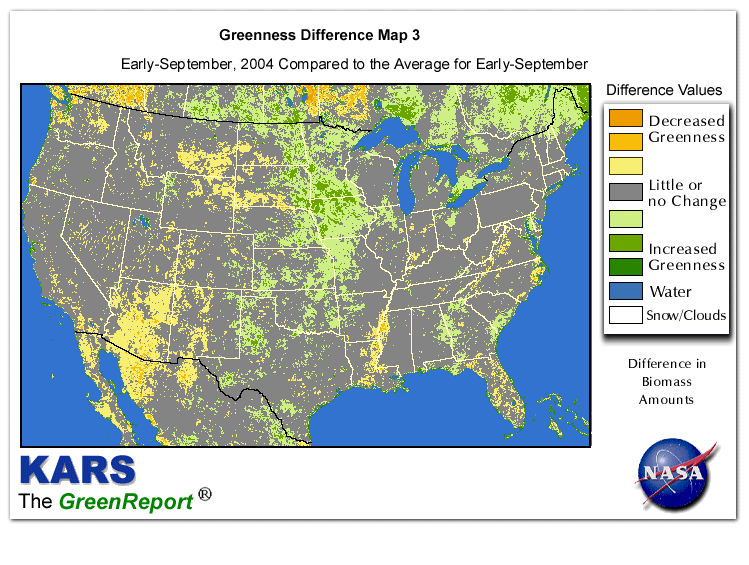 Color-coded U.S. vegetation greeness index map for Period 37 of 2004, illustrating spatial variations in plant vigor, with greener tones indicating higher biomass and browner tones indicating stressed vegetation,
              comparing current crop/vegetation change in biomass to the 20-year greenness average.