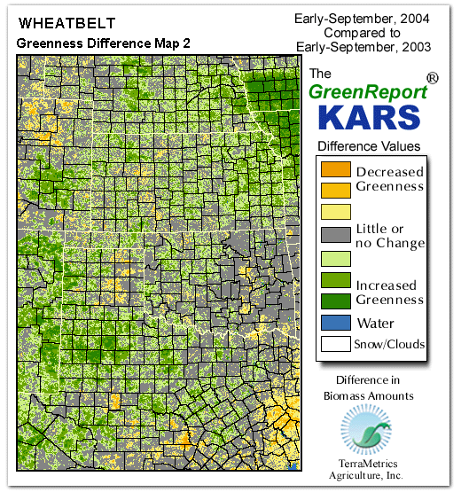 Color-coded Wheat Belt vegetation greeness index map for Period 37 of 2004, illustrating spatial variations in plant vigor, with greener tones indicating higher biomass and browner tones indicating stressed vegetation,
              comparing current crop/vegetation change in biomass to same period from the previous year.