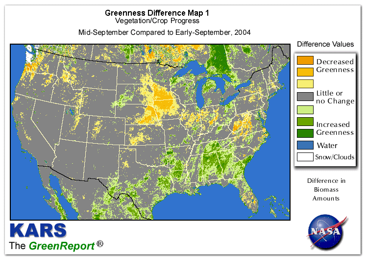 Color-coded U.S. vegetation greeness index map for Period 38 of 2004, illustrating spatial variations in plant vigor, with greener tones indicating higher biomass and browner tones indicating stressed vegetation,
              comparing current crop/vegetation change in biomass to the previous week within the same year.