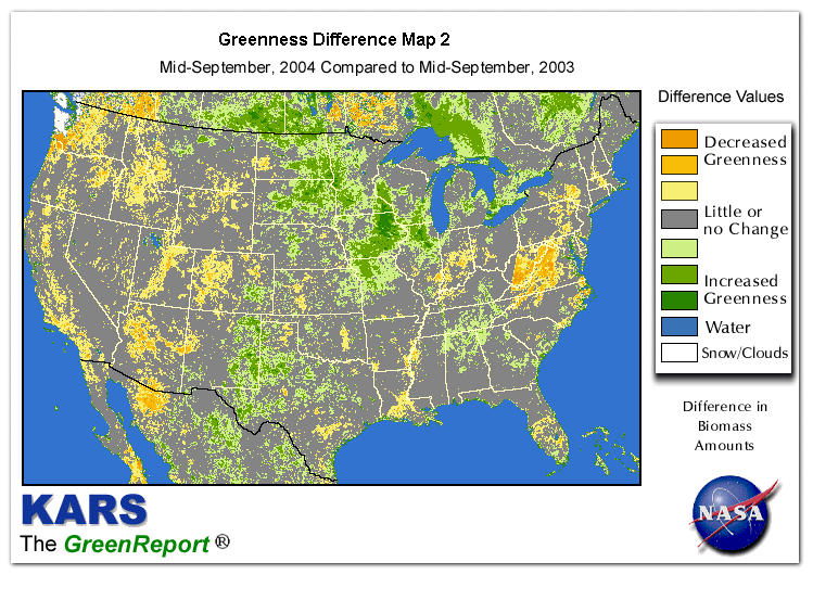 Color-coded U.S. vegetation greeness index map for Period 38 of 2004, illustrating spatial variations in plant vigor, with greener tones indicating higher biomass and browner tones indicating stressed vegetation,
              comparing current crop/vegetation change in biomass to same period from the previous year.