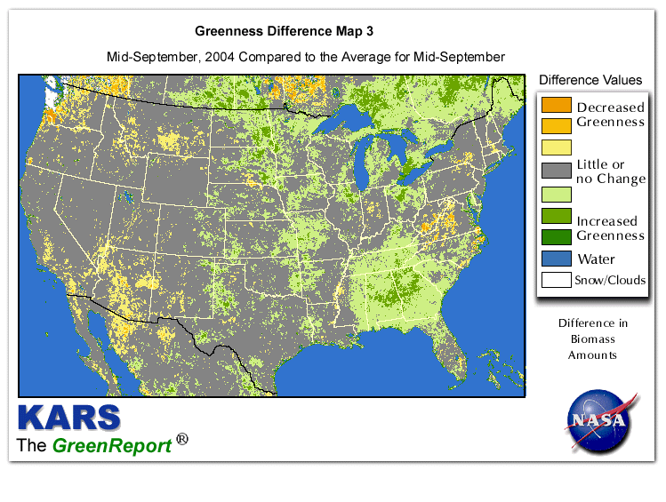 Color-coded U.S. vegetation greeness index map for Period 38 of 2004, illustrating spatial variations in plant vigor, with greener tones indicating higher biomass and browner tones indicating stressed vegetation,
              comparing current crop/vegetation change in biomass to the 20-year greenness average.