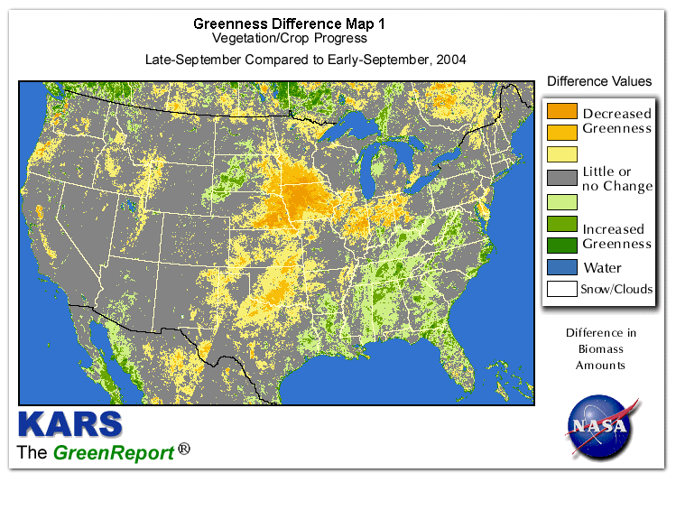 Color-coded U.S. vegetation greeness index map for Period 39 of 2004, illustrating spatial variations in plant vigor, with greener tones indicating higher biomass and browner tones indicating stressed vegetation,
              comparing current crop/vegetation change in biomass to the previous week within the same year.