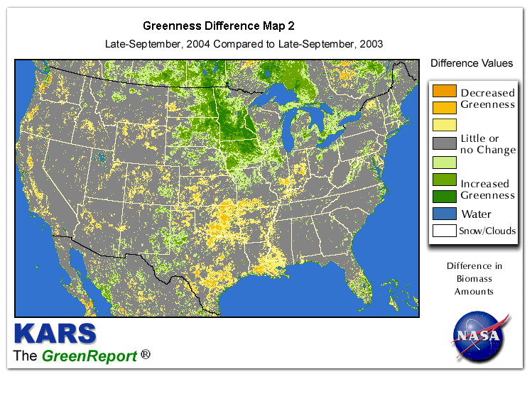 Color-coded U.S. vegetation greeness index map for Period 39 of 2004, illustrating spatial variations in plant vigor, with greener tones indicating higher biomass and browner tones indicating stressed vegetation,
              comparing current crop/vegetation change in biomass to same period from the previous year.