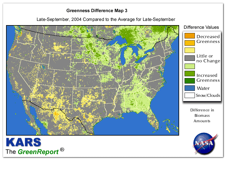 Color-coded U.S. vegetation greeness index map for Period 39 of 2004, illustrating spatial variations in plant vigor, with greener tones indicating higher biomass and browner tones indicating stressed vegetation,
              comparing current crop/vegetation change in biomass to the 20-year greenness average.