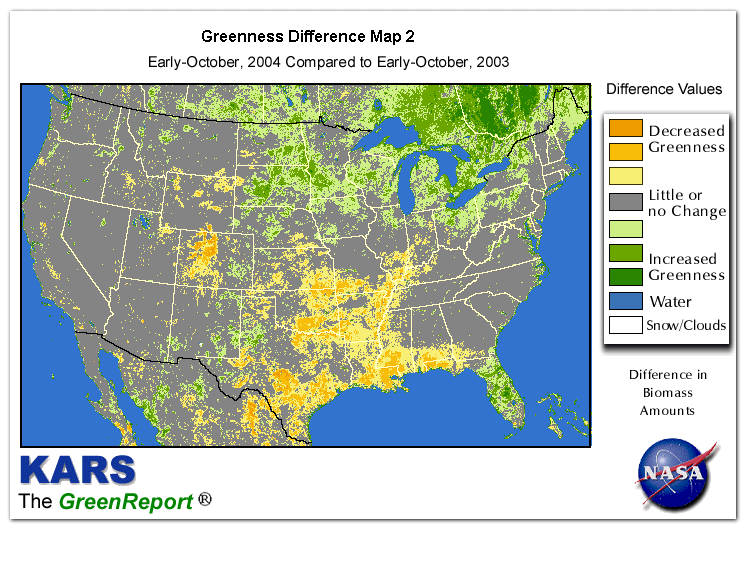 Color-coded U.S. vegetation greeness index map for Period 40 of 2004, illustrating spatial variations in plant vigor, with greener tones indicating higher biomass and browner tones indicating stressed vegetation,
              comparing current crop/vegetation change in biomass to same period from the previous year.