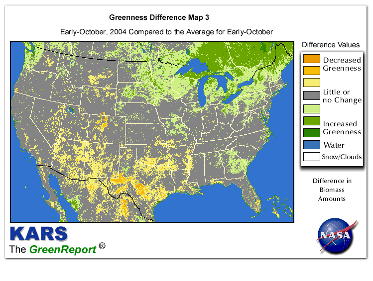 Color-coded U.S. vegetation greeness index map for Period 40 of 2004, illustrating spatial variations in plant vigor, with greener tones indicating higher biomass and browner tones indicating stressed vegetation,
              comparing current crop/vegetation change in biomass to the 20-year greenness average.