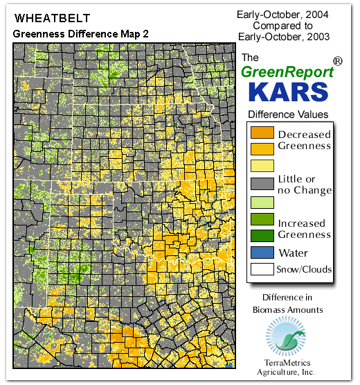 Color-coded Wheat Belt vegetation greeness index map for Period 40 of 2004, illustrating spatial variations in plant vigor, with greener tones indicating higher biomass and browner tones indicating stressed vegetation,
              comparing current crop/vegetation change in biomass to same period from the previous year.