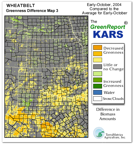 Color-coded Wheat Belt vegetation greeness index map for Period 40 of 2004, illustrating spatial variations in plant vigor, with greener tones indicating higher biomass and browner tones indicating stressed vegetation,
              comparing current crop/vegetation change in biomass to the 20-year greenness average.