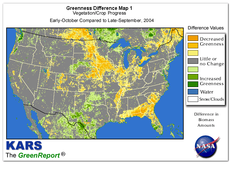 Color-coded U.S. vegetation greeness index map for Period 41 of 2004, illustrating spatial variations in plant vigor, with greener tones indicating higher biomass and browner tones indicating stressed vegetation,
              comparing current crop/vegetation change in biomass to the previous week within the same year.