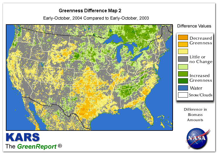 Color-coded U.S. vegetation greeness index map for Period 41 of 2004, illustrating spatial variations in plant vigor, with greener tones indicating higher biomass and browner tones indicating stressed vegetation,
              comparing current crop/vegetation change in biomass to same period from the previous year.